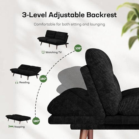 Marsail Futon Sofa Bed, 66” Futon Couch with Adjustable Backrest & Armrests, Convertible Small Sleeper Sofa Bed for Small Apartments, Study Room, Office, Corduroy Loveseat, Black Marsail