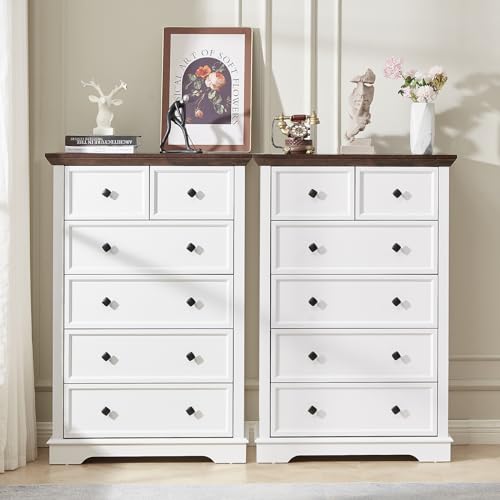 LDTTCUK 6 Drawer Dresser, Farmhouse Dresser Chest of Drawer for Bedroom, 48 Inch Tall Dresser, Wood Storage Chest of Drawers Storage Cabinet for Living Room, Entryway, Hallway, White LDTTCUK