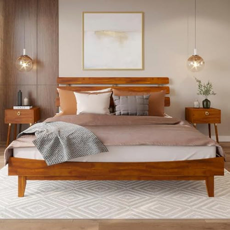 Bme Caden 15 Inch Deluxe Bed Frame with Adjustable Headboard - Mid Century, Retro Style with Acacia Wood - No Box Spring Needed - 12 Strong Wood Slat Support - Easy Assembly - Caramel, King Bme