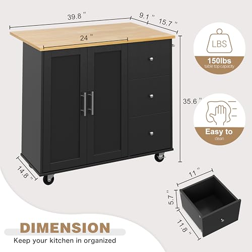 Shintenchi Kitchen Island with Folding Drop Leaf, Rolling Island Table with Storage, Kitchen Cabinet on Wheels with Seating Area for Kitchen, Bar Cart with Cabinet, Black Shintenchi