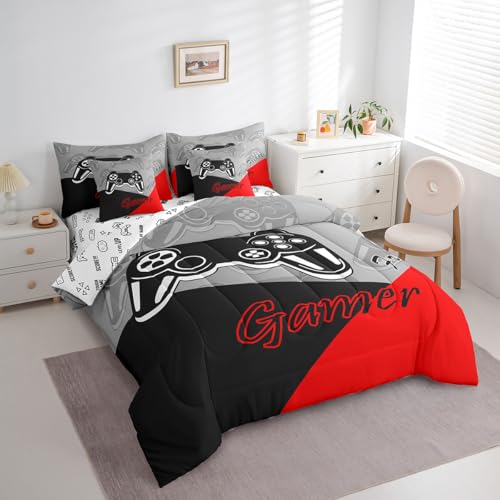 Feelyou Gamer Comforter Set with Sheets for Boys Teens Gaming 7 Piece Bedding Set King Size Video Game Contoller Home Bed in a Bag Decor for Kids Bed Set Feelyou