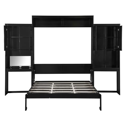 Quarte Queen Size Murphy Bed with Cabinet, Desk & Vanity - Space-Saving Wall Bed Furniture for Small Rooms,Multi-Functional Fold-Down Bed with Storage (Espresso#V) Quarte