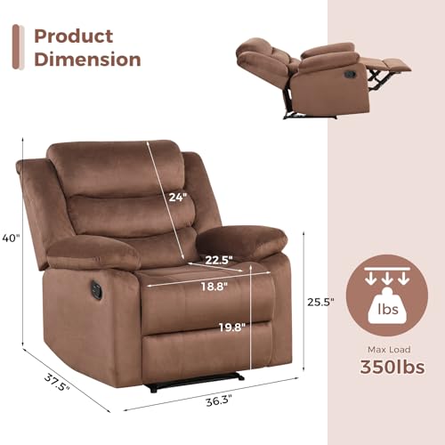 ANJ Manual Recliner Chair for Adults, Velvet Reclining Chair with Padded Arms and Overstuffed Backrest, Single Recliner Sofa for Living Room, Dark Brown