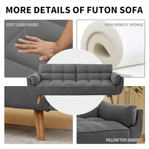 Homies Life Convertible Futon Sofa Bed, Linen Sleeper Couch, 75" W Modern 3 Seater Tufted Sofa with Solid Wood Legs and Adjustable Backrests for Small Spaces, Living Room, Bedroom, Dark Gray Homies Life