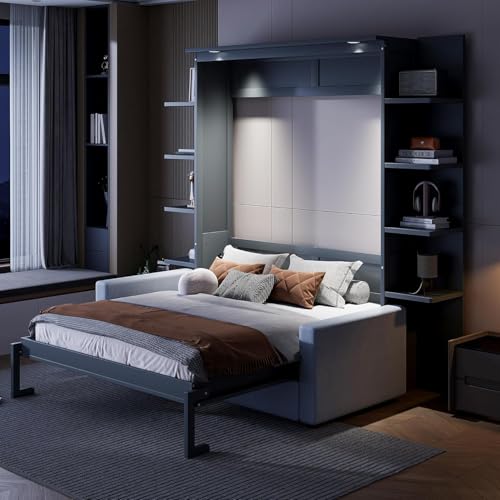 Queen Murphy Bed with Couch and Storage Shelves,Wood Murphy Wall Bed Cabinet with Storage Shelves and Sofa,Folding(Grey) Virubi