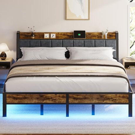 King Size Bed Frame with USB Charging Station, Storage Headboard with Smart LED Lights, Metal Platform Bed Noise Free, No Box Spring Needed, Easy Assembly Liians