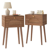 Fixwal Nightstands Set of 2 with Fluted Door, Small End Table with Solid Wood Feet for Bedroom Small Space, Modern Mid-Century Bedside Table, Natural Walnut, 13.8 x 10.6 x 21.3in Fixwal