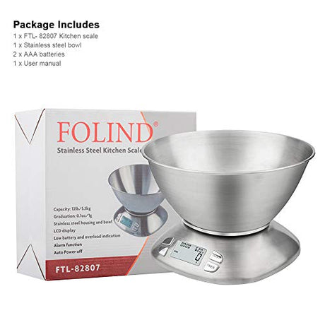 Digital Kitchen Scale with Removable Bowl 2.5L Volume, Electronic Stainless Steel Food Scale for Cooking Baking, Room Temperature, Alarm Timer, 12lb 5.5kg, Batteries Included FOLIND