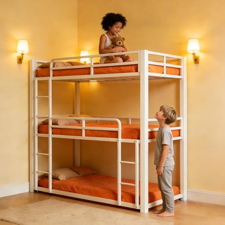 Feetice Triple Bunk Bed Twin Over Twin Over Twin, Heavy Duty White Metal Bunk Bed with Full-Length Guardrails, No Box Spring Needed, Easy Assembly, Family-Friendly for All Ages, Bedroom Furniture Feetice