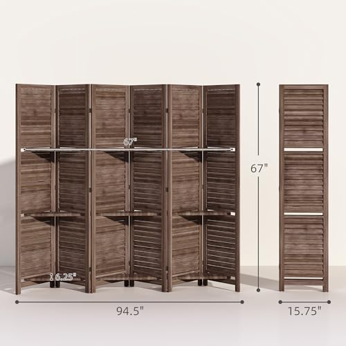 HOMCOM Room Divider, 6 Panel 67" Tall Wood Privacy Screen with 3 Display Shelves, and Folding Storage for Bedroom or Home Office, Walnut HOMCOM