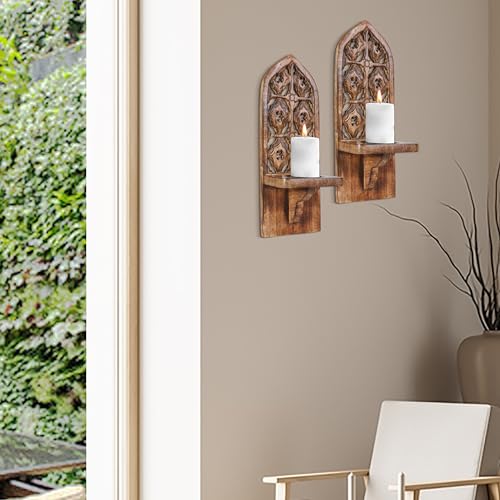 Wall Mounte Candle Sconces Set of 2, Decorative Wooden Candle Holder, Hand Carverd Farmhouse Candle Sconce, Perfect for Living Room Bedroom Bedroom Kitchen Wall Decoration - 16 Inch - Burnt N - WoodArtSupply