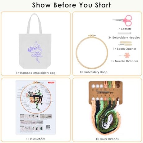 ERKOON Embroidery Canvas Tote Bag for Beginners, Needlepoint Arts Crafts Cross Stitch Kits for Adults Including Stamped Embroidery Bag with Hoops, Needle, Instruction and Color Threads (Cat) ERKOON