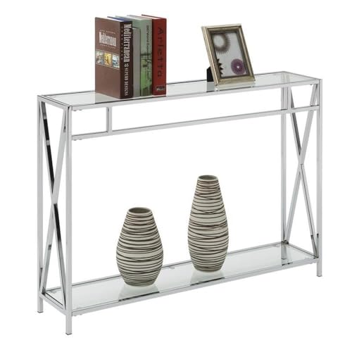 Convenience Concepts Oxford Chrome Console Table 42" - Contemporary Modern Sofa Table with Storage Shelf, Narrow Entryway Hall Table for Living Room, Bedroom, Bathroom, Glass/Chrome Convenience Concepts