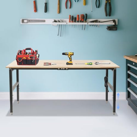 Adjustable Workbench, Heavy Duty Work Bench with Power Outlets and USB Ports, Wood Top Workstation Table, 3000 LBS Load Capacity Work Benches for Garage, Workshop, Office, Home Use (72x25in,B) Eapmic