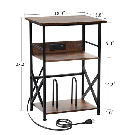 DALEMHOME Record Player Stand with Charging Station, 3-Tier Side Table for 100 Vinyl Storage, End Table for Living Room, Bedroom, Rustic Brown HKET1002BR DALEMHOME