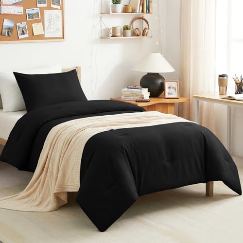 CozyLux Black Comforter Set Twin/Twin XL Size, 2 Pieces Twin Extra Long Solid Breathable Quilted Bedding Sets, Luxury Fluffy Soft Bed Set with Down Alternative Comforter and 1 Pillowcase All Season CozyLux