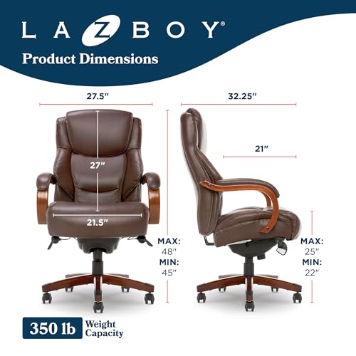 La-Z-Boy Delano Big & Tall Executive Office Chair, Ergonomic Mid-Back Body Pillow Lumbar Support, ComfortCore Memory Foam Cushion, Mahogany Wood Arms & Swivel Base, Bonded Leather, Chestnut Brown La-Z-Boy