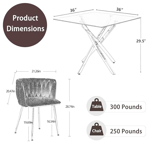 HAIZAO Golden Glass Dining Table Set for 4, 5 Piece Clear Glass Top Dinner Room Set, 36'' Modern Luxury Square Kitchen Table Set with Ivory Woven Chair, for Small Living Room Home HAIZAO
