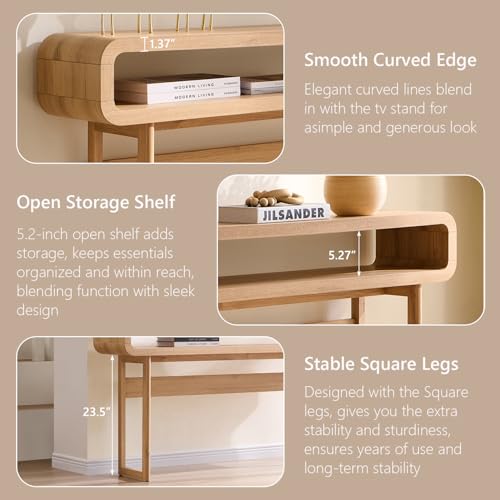 IFGET 63-Inch Long Console Table, 31.5" Tall Modern Entryway Table with Open Storage Shelf, Curved Profile Design, Narrow Wood Sofa Table Behind Couch Table for Living Room, Hallway,Foyer, Natural Oak IFGET