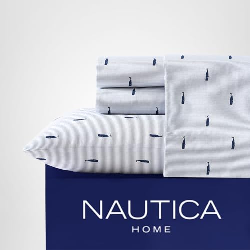 Nautica - Queen Sheets, Cotton Percale Bedding Set, Crisp & Cool, Coastal Home Decor (Whale Stripe Blue, Queen)