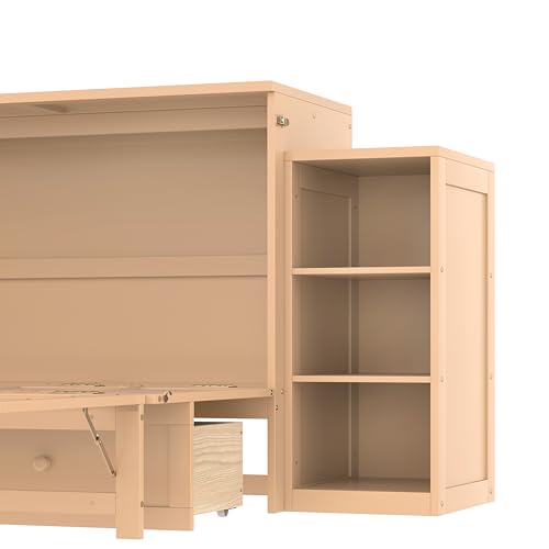 Ball & Cast Murphy Bed Full Size Bed Frame with Spacious Storage Drawers and Open Shelves,Wood Hideaway Beds w/No Box Spring Needed,Slat Support,for Apartment,Bedroom,can be Folded,Golden Ball & Cast