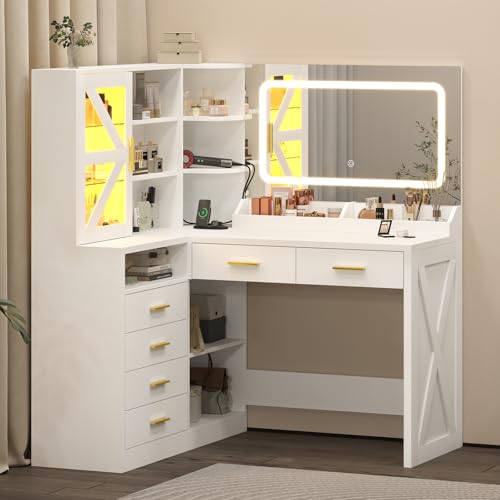 L-Shaped Corner Vanity Desk with LED Lighted Mirror & Charging Station, White Makeup Vanity with 6 Drawers & Sliding RGB Cabinet, Large Farmhouse Dressing Table with Open Storage Shelves for Women CSZZD