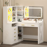 L-Shaped Corner Vanity Desk with LED Lighted Mirror & Charging Station, White Makeup Vanity with 6 Drawers & Sliding RGB Cabinet, Large Farmhouse Dressing Table with Open Storage Shelves for Women CSZZD