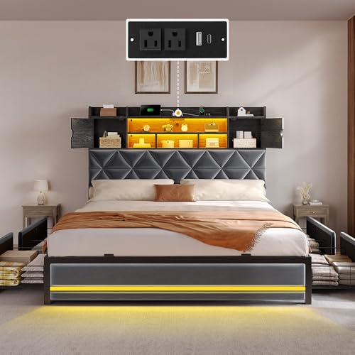 DWVO Queen Size Bed Frame with RGB LED Lights & Storage Bookcase Headboard, Upholstered Bed with Charging Station and 4 Drawers, No Box Spring Needed, Easy Assembly, Noise-Free, Velvet Grey DWVO