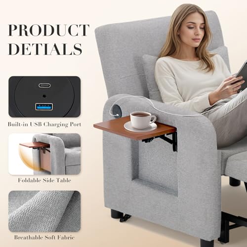 Convertible Sleeper Chair-Fabric Futon Sofa Bed, Single Sleeper Sofa, Small Couch Bed with USB Port, Foldable Table, Pillow, Adjustable Backrest for Dorm/Bedroom/College Lightgrey COLAMY