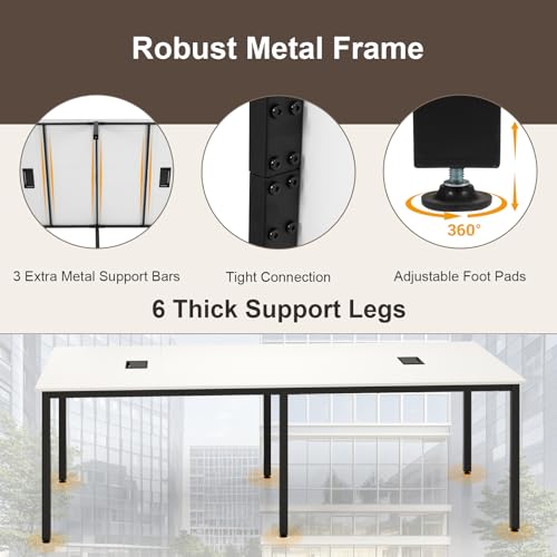 Nightcore Rectangle Conference Table for 10, 8 ft Large Seminar Table with 2 Cable Grommets, Modern Industrial Office Computer Desk with Metal Legs for Boardroom, Meeting Room, White Goplus
