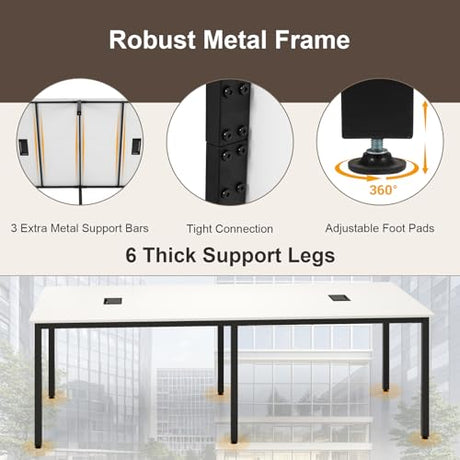 Nightcore Rectangle Conference Table for 10, 8 ft Large Seminar Table with 2 Cable Grommets, Modern Industrial Office Computer Desk with Metal Legs for Boardroom, Meeting Room, White Goplus