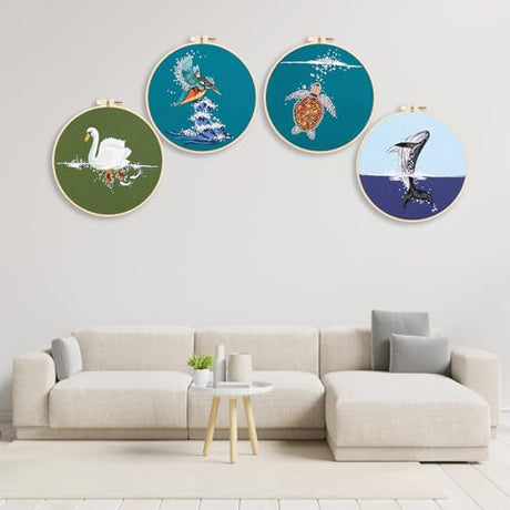 Picoey Embroidery Kit for Beginners with Animal Pattern and Instructions,4 Pack Cross Stitch Kits,2 Wooden Embroidery Hoops,Threads and Needles,Needlepoint Kit Picoey