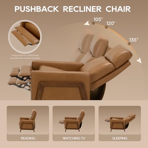 COLAMY Push Back Recliner Chair, Upholstered Leather Recliner with Footrest 118-150 Degree Adjustable, Comfy Modern Wingback Recliner for Living Room, Bedroom,Small Spaces,Camel COLAMY