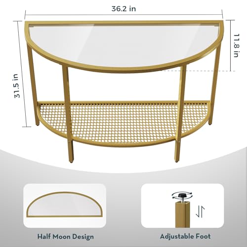 SAYGOER Glass Half Moon Console Table 2 Tier Narrow Entryway Table with Gold Metal Frames, Modern Couch Table Small Entry Way Tables, Easy Assembly, Clear Glass Gold Frames SAYGOER