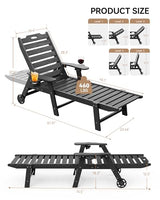 Carauci Lounge Chair Outdoor, HDPE Chaise Lounge with Wheels, 5-Position Adjustable Backrest & 2 Cup Holders Patio Lounge Chair, All-Weather Pool Sun Lounger for Poolside, Backyard, Black
