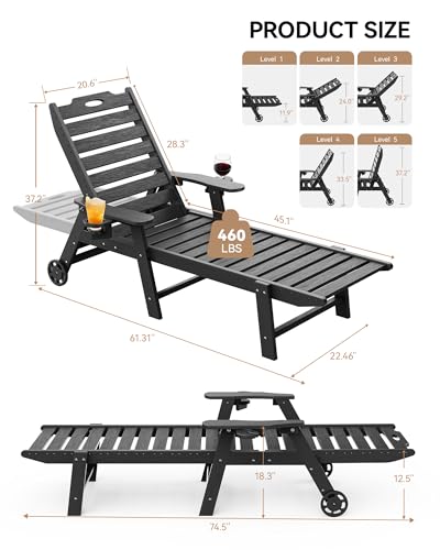 Carauci Lounge Chair Outdoor, HDPE Chaise Lounge with Wheels, 5-Position Adjustable Backrest & 2 Cup Holders Patio Lounge Chair, All-Weather Pool Sun Lounger for Poolside, Backyard, Black Carauci