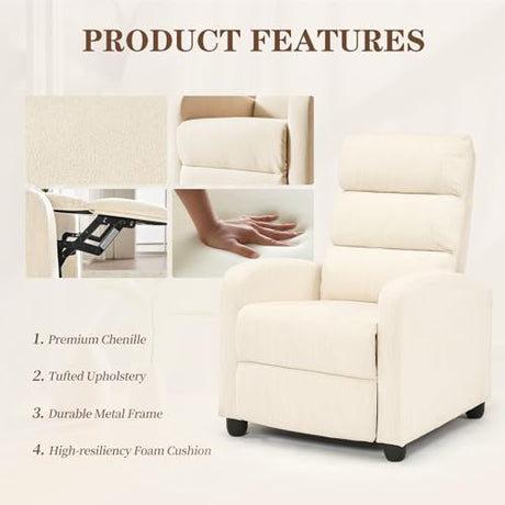 Furnimart Small Manual Recliner Chair for Small Spaces, Overstuffed Chenille Reclining Chair with Chunky Cushion, Comfortable Single Sofa Recliner for Adults, Living Room, Bedroom, Home Theater, Beige Furnimart