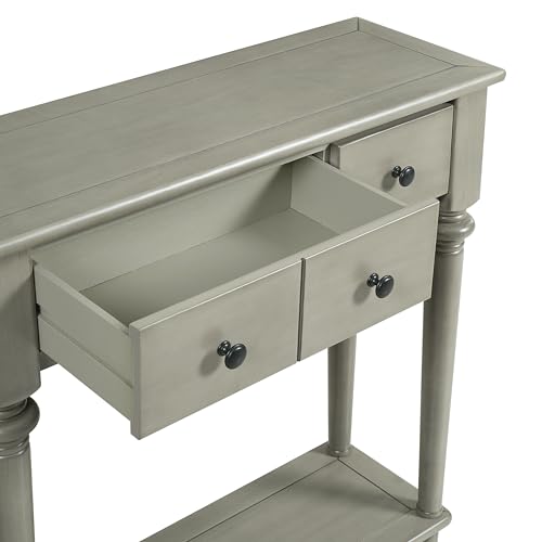 Knocbel Retro Console Table with 4 Drawers and Open Shelf, Vintage Sofa Tables with Slim Legs for Entryway Living Room 59.8" W x 11" D x 34" H Grey Wash Knocbel