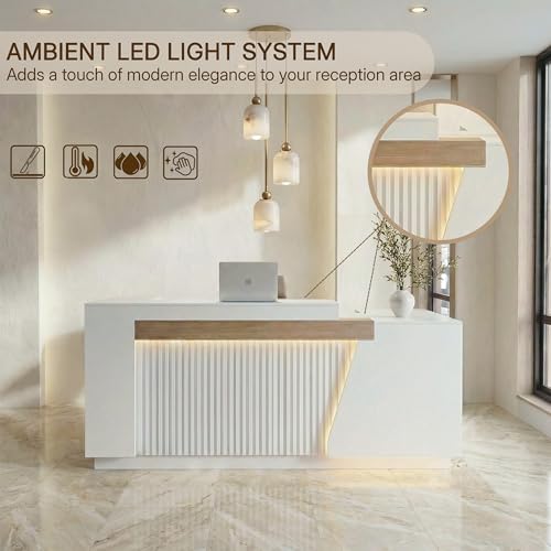 ZIMASYA 86.6" Modern Front Desk Reception Counter,Commercial Reception Room Tables with Built-in Outlets,Combination Lock Drawers, LED Lights for Office Beauty Salon Retail Store,White