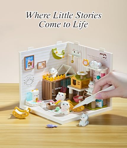 Tkmango Cat Pet Life Shop DIY Miniature House Kit with Roof & LED Light, Stackable & Connectable Dollhouse Kit with Dustproof Door, Creative DIY Crafts Building Toy Gift for Adults Teens