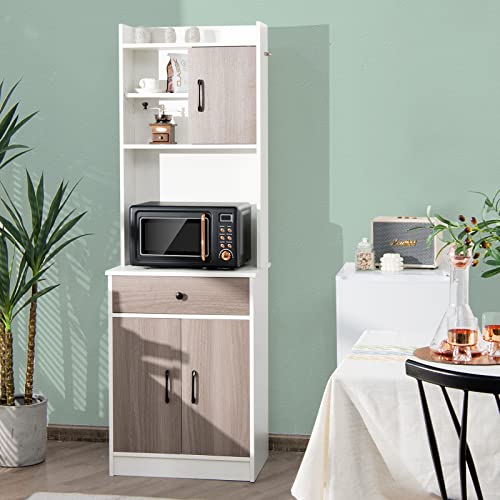 Giantex Pantry Organization and Storage, Tall Buffet Hutch Cabinet with Drawer Cabinet Shelf, High Cupboard Sideboard, Stationary Microwave Stand, Wood Countertop (White & Natural) Giantex