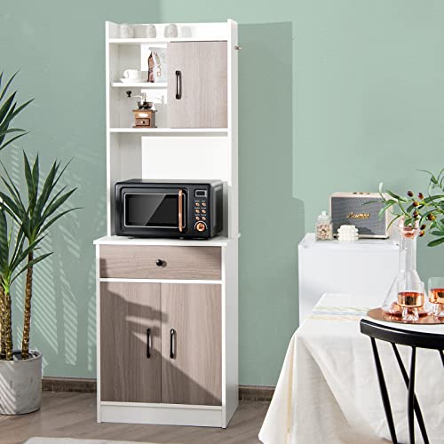 Giantex Pantry Organization and Storage, Tall Buffet Hutch Cabinet with Drawer Cabinet Shelf, High Cupboard Sideboard, Stationary Microwave Stand, Wood Countertop (White & Natural) - WoodArtSupply