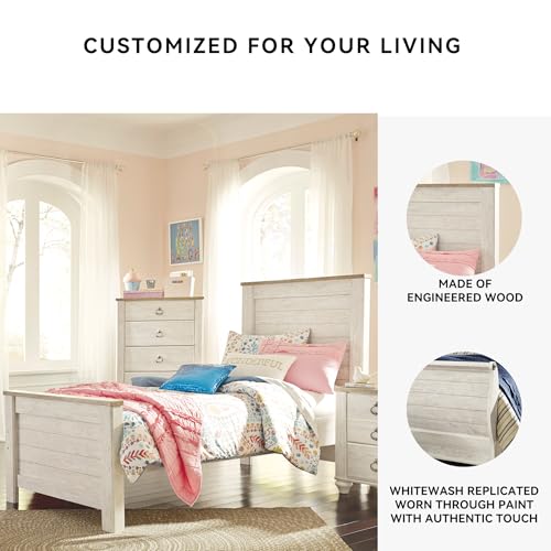 Signature Design by Ashley Willowton Casual Twin Panel Bed with Metal Slats, Foundation or Box Spring Needed, Whitewash Signature Design by Ashley