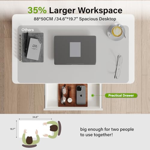 DAWNYIELD Standing Desk for Walking Pad with Wheels, Pneumatic Cordless Height Adjustable Rolling Desk, Mobile Computer Workstation with Drawer Hook Locking Casters for Treadmill & Home Office, White DAWNYIELD