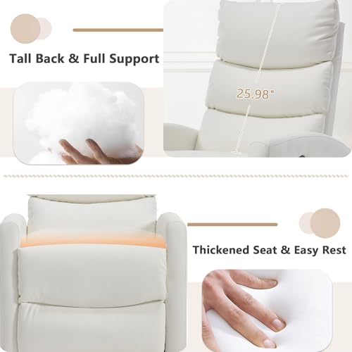 cinkehome Swivel Rocker Recliner Chair, Upholstered Nursery Glider Recliner Chair with Heated Massage, High Back, Side Pocket (White PU Leather)