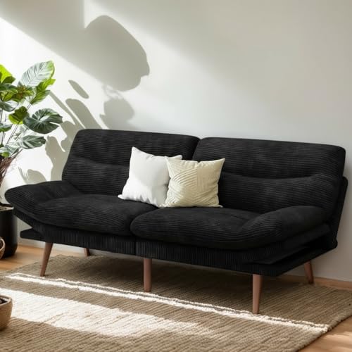 PERLECARE Convertible Futon Sofa Bed, 66" Corduroy Futon Couch with Adjustable Backrest and Armrests, 3-in-1Recliner Sleeper Sofa for Small Spaces, Play Room,Living Room or Office（66 in,Black） PERLECARE