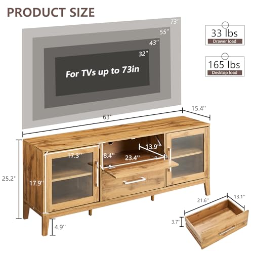 LUXOAK 63'' Modern Wood TV Stand for 70+ Inch TV, Mid Century High Gloss Entertainment Center with Glass Doors & Adjustable Shelf, Console Table with Storage Drawer for Living Room, Yellow Oak LUXOAK