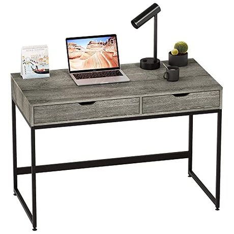 Bestier Rectangular Two Drawer Writing Computer Desk, Modern Engineered Wood Design, Stainless Steel Leg Frames, Modern Industrial Design, Gray Bestier