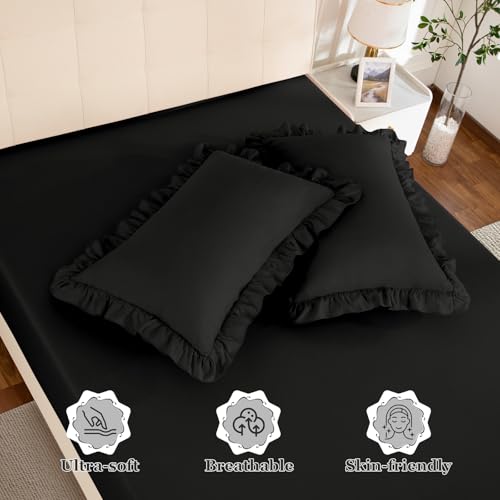 KKJIAF Full Fitted Bed Sheets with 2 Ruffle Pillowcases, Brushed Microfiber Fitted Sheet with 16 Inches Deep Pocket, Comfy Breathable Bed Sheets, Black (No Flat Sheet) KKJIAF