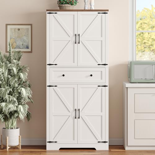 71" Tall Kitchen Pantry Storage Cabinet with Barn Doors and Shelves, White Farmhouse Linen Storage Cabinet With Drawers, Free standing Food Pantry Cabinets for Kitchen, Dining Room, Living Room Befrases